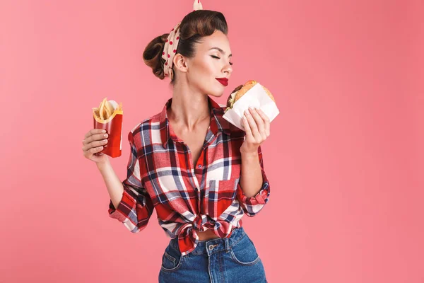 Bild Von Erstaunlichen Jungen Pin Frau Isoliert Über Rosa Hintergrund — Stockfoto