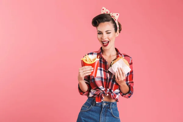 Immagine Sorprendente Giovane Pin Donna Isolata Parete Sfondo Rosa Con — Foto Stock