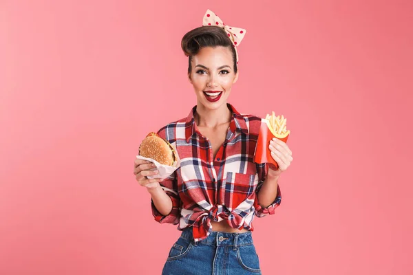 Imagem Incrível Jovem Pin Mulher Isolada Sobre Parede Fundo Rosa — Fotografia de Stock