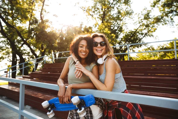Two Cheerful Young Girls Skateboard Having Fun Together Park — Stock Photo, Image