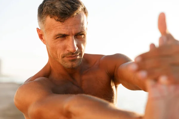 Close Healthy Shirtless Sportsman Doing Stretching Exercises Beach — Stock Photo, Image