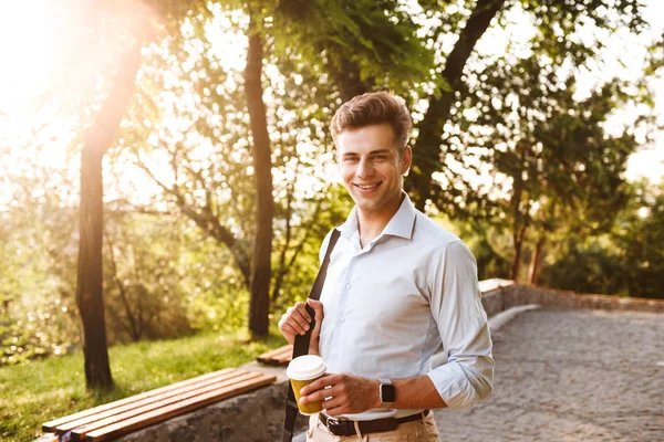 Portrait Smiling Young Man Dressed Shirt Holding Cup Coffee While — Stock Photo, Image