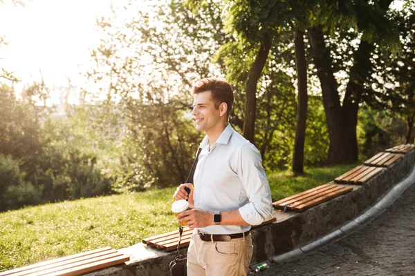 Smiling Young Man Shirt Walking City Park Cup Coffee — Stock Photo, Image