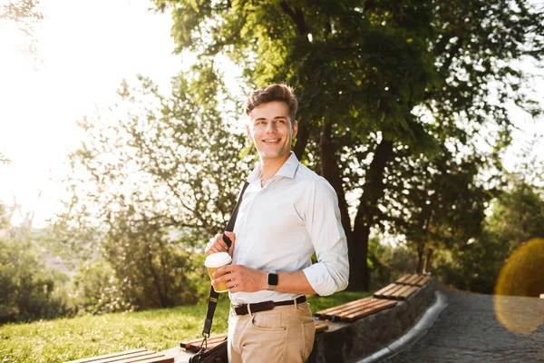 Happy Young Man Shirt Walking City Park Cup Coffee — Stock Photo, Image