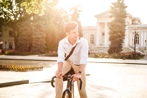 Smiling Young Stylish Man Dressed Shirt Riding Bicycle City Street — Stock Photo, Image