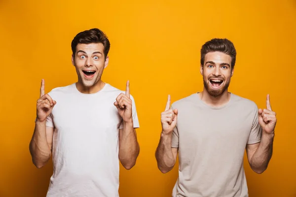 Retrato Dos Jóvenes Alegres Mejores Amigos Señalando Con Los Dedos —  Fotos de Stock