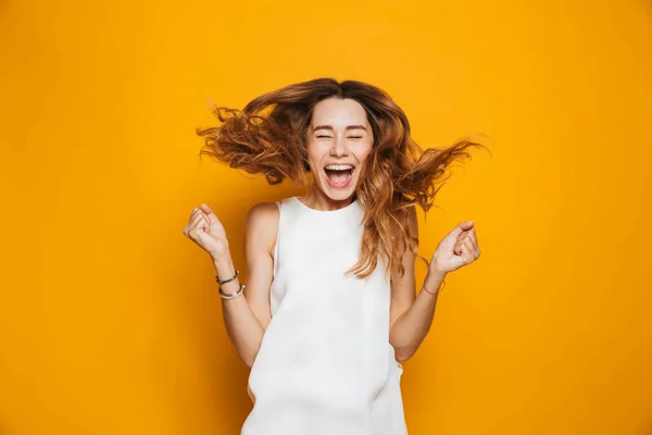 Portrait Happy Young Girl Screaming Isolated Yellow Background — Stock Photo, Image