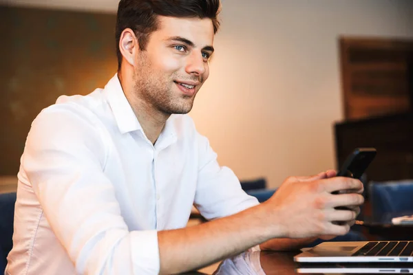 Portrait Handsome Young Formal Dressed Man Holding Mobile Phone Working — Stock Photo, Image