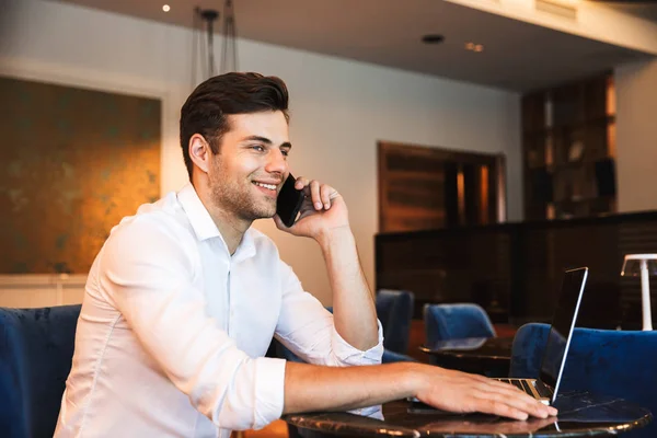 Portrait Happy Young Formal Dressed Man Talking Mobile Phone Working — Stock Photo, Image
