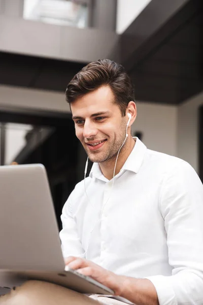 Portrait Cheerful Young Formal Dressed Man Earphones Working Laptop Computer — Stock Photo, Image