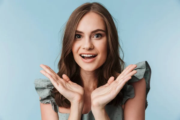 Close Portrait Excited Young Woman Dress Looking Camera Isolated Blue — Stock Photo, Image