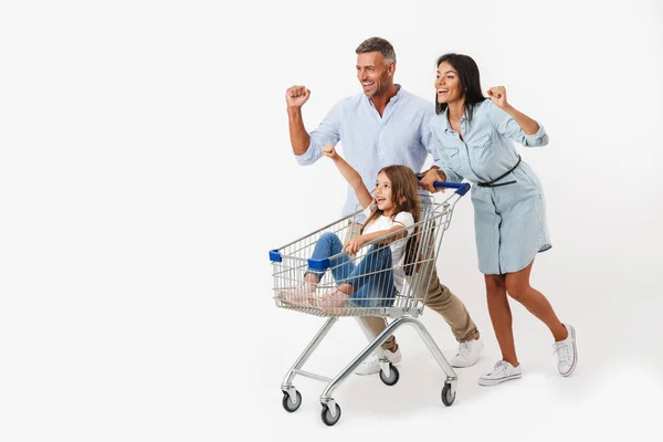 Emocionado Corredor Familia Mientras Que Las Compras Junto Con Carro — Foto de Stock