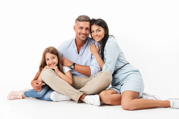 Portrait Happy Family Father Mother Little Daughter Hugging While Sitting — Stock Photo, Image