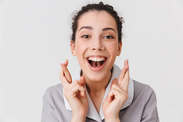 Retrato Cerca Una Joven Criada Feliz Vestida Con Uniforme Sosteniendo —  Fotos de Stock