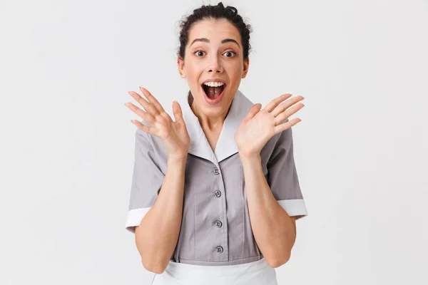 Portret Van Een Verrast Jonge Huishoudster Gekleed Uniform Kijken Naar — Stockfoto