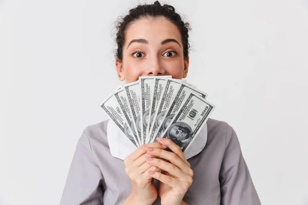 Portrait Excited Young Housemaid Dressed Uniform Holding Money Banknotes Isolated — Stock Photo, Image