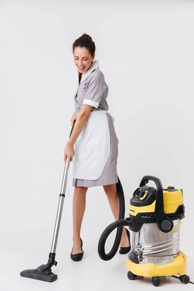 Full Length Cheerful Young Housemaid Dressed Uniform Using Vacuum Cleaner — Stock Photo, Image