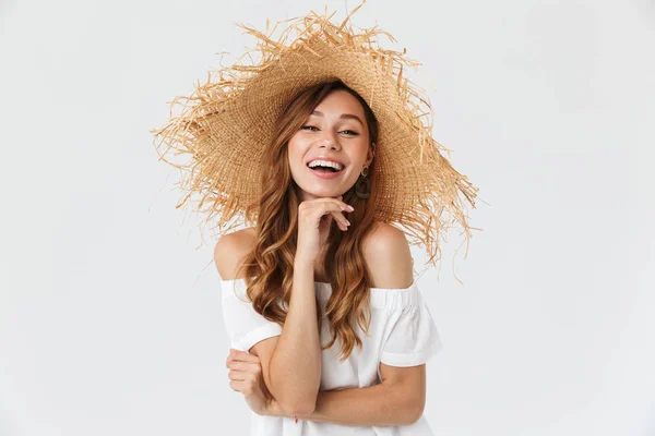 Retrato Primer Plano Feliz Mujer Joven Años Con Sombrero Paja —  Fotos de Stock