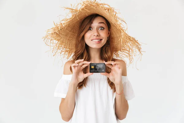 Retrato Mujer Rica Con Estilo 20S Usando Sombrero Paja Grande — Foto de Stock