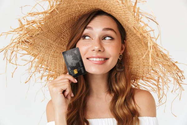 Retrato Mujer Hermosa Feliz 20S Usando Sombrero Paja Grande Sonriendo — Foto de Stock