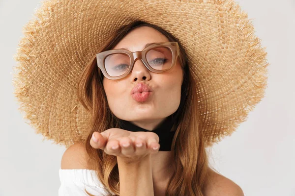 Ritratto Adorabile Donna Seducente 20S Indossa Grande Cappello Paglia Occhiali — Foto Stock