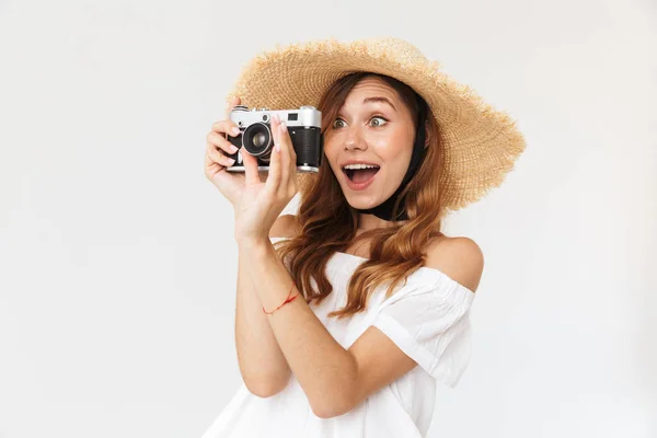 Image Joyful Woman 20S Wearing Big Straw Hat Photographing Retro — Stock Photo, Image