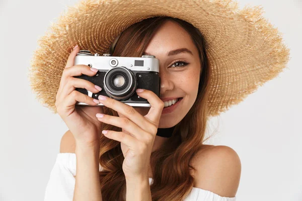 Image Beautiful Woman 20S Wearing Big Straw Hat Photographing Retro — Stock Photo, Image
