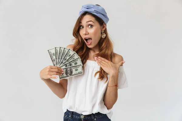 Image Excited Joyful Woman 20S Rejoicing Holding Fan Dollar Money — Stock Photo, Image