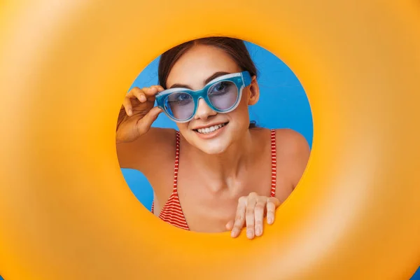 Portrait Smiling Young Girl Swimsuit Wearing Sunglasses Looking Inflatable Ring — Stock Photo, Image