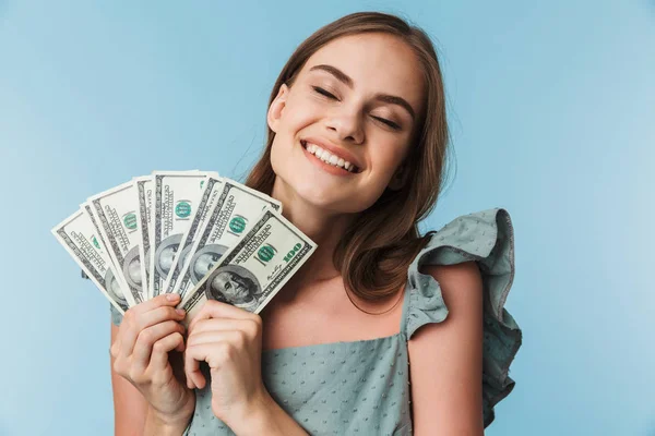 Portrait Satisfied Young Woman Dress Holding Money Banknotes Isolated Blue — Stock Photo, Image