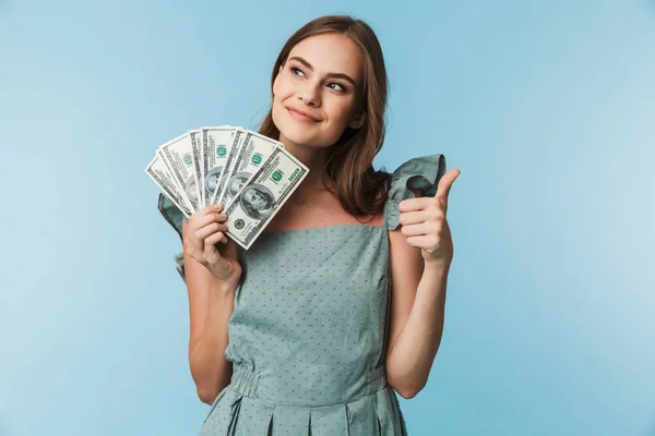 Portrait Satisfied Young Woman Dress Holding Money Banknotes Showing Thumbs — Stock Photo, Image