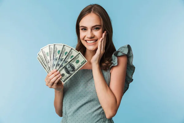 Portrait Excited Young Woman Dress Holding Money Banknotes Isolated Blue — Stock Photo, Image