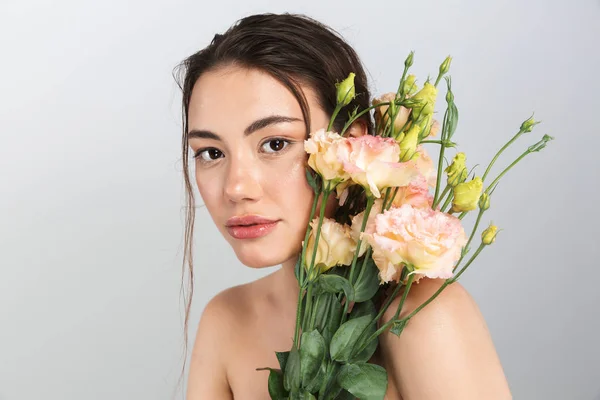 Beauty Portrait Lovely Young Topless Woman Make Posing Eustoma Flowers — Stock Photo, Image