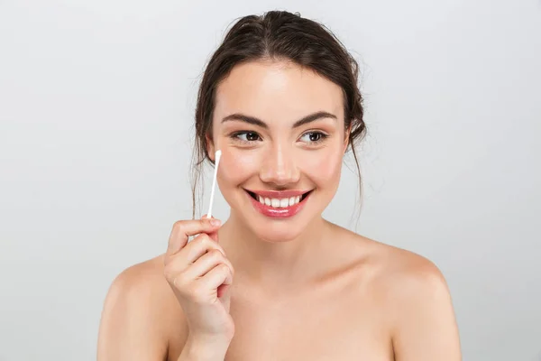 Beauty Portrait Pretty Young Topless Woman Removing Face Make Cotton — Stock Photo, Image