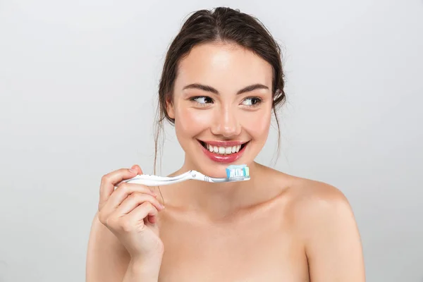 Beauty Portrait Smiling Young Topless Woman Make Holding Toothbrush Toothpaste — Stock Photo, Image