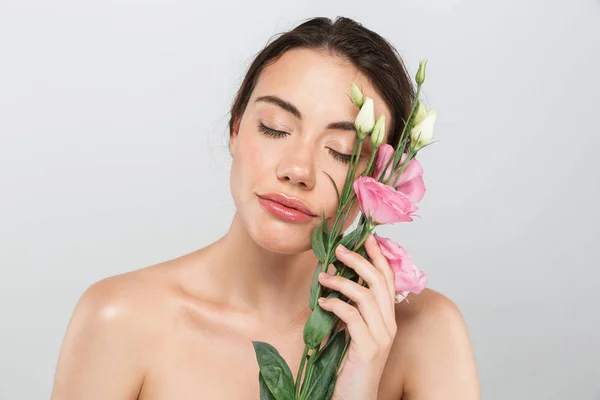 Beauty Portrait Attractive Young Topless Woman Make Posing Eustoma Flowers — Stock Photo, Image