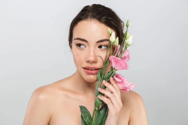 Beauty Portrait Pretty Young Topless Woman Make Posing Eustoma Flowers — Stock Photo, Image