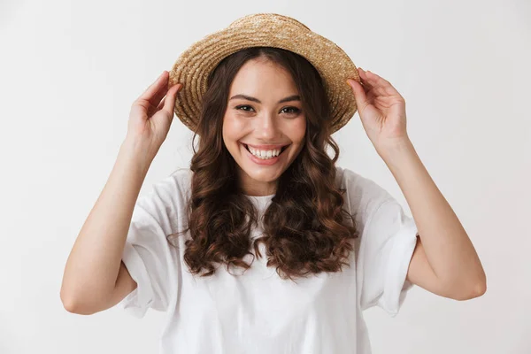 Primer Plano Retrato Una Alegre Joven Morena Casual Con Sombrero —  Fotos de Stock