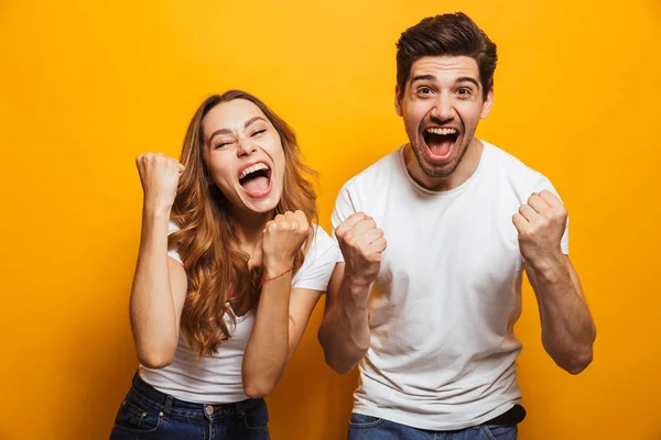 Portrait Positive Beautiful Man Woman Basic Clothing Screaming Clenching Fists — Stock Photo, Image