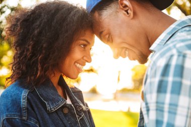 Aşık birbirine parkta bakarak mutlu bir Afrika çiftin yakın çekim