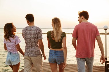 Grup açık havada sahilde yürüyüş çiftler sevgi dolu dört arkadaşıyla fotoğrafı görünümü geri.