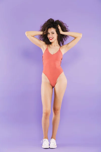Ganzkörperporträt Einer Schönen Jungen Frau Badeanzug Die Isoliert Stehen Posiert — Stockfoto