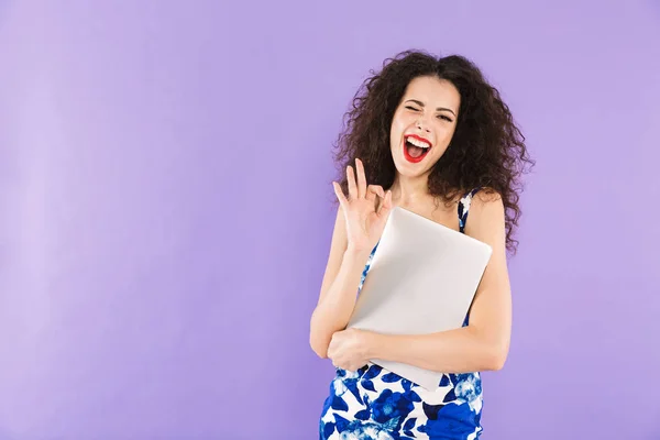 Image Brunette European Woman Curly Hair Dress Smiling Holding Laptop — Stock Photo, Image