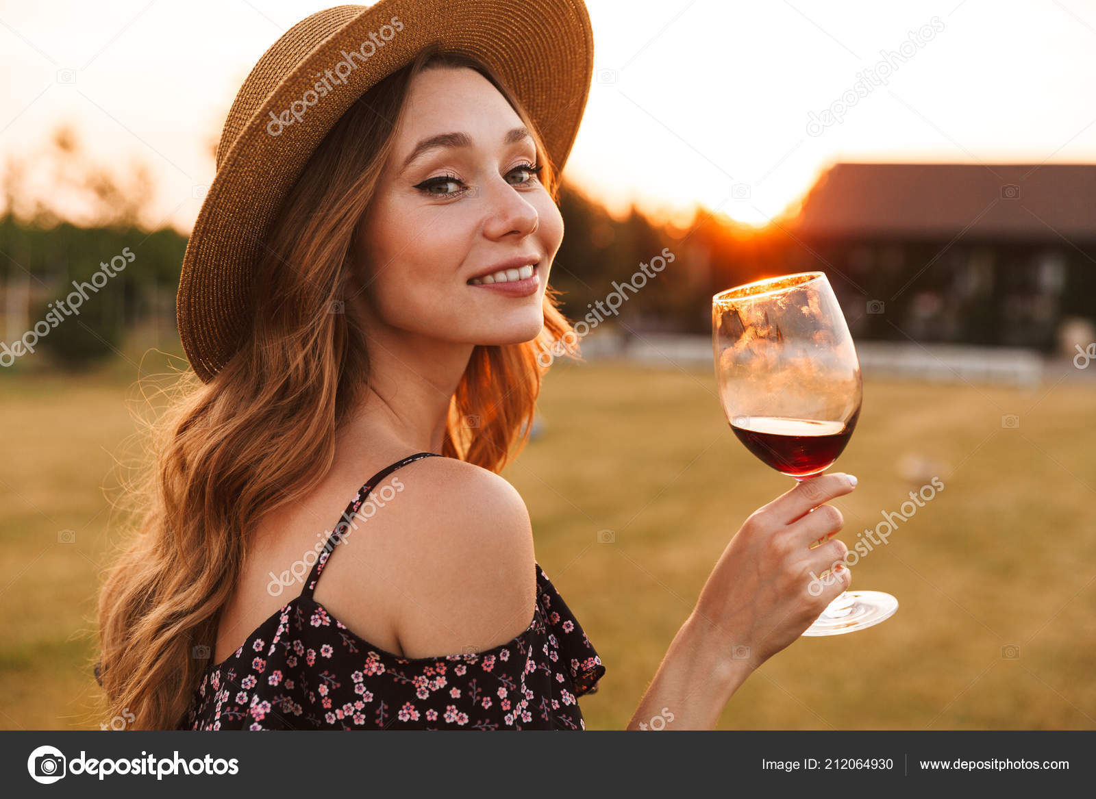 Image Cute Pretty Young Woman Outdoors Holding Glass Drinking Wine