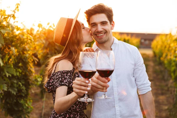 Photo Young Cute Happy Loving Couple Outdoors Drinking Wine Looking — Stock Photo, Image