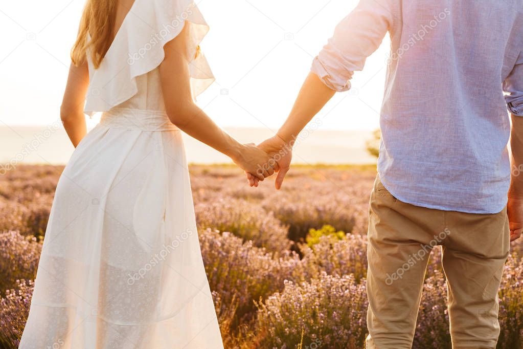Cropped image from back of romantic couple man and woman holding hands while walking outdoor in lavender field
