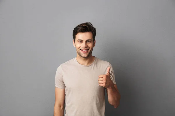 Image Attractive Man 30S Having Stubble Showing Thumb Camera Happy — Stock Photo, Image