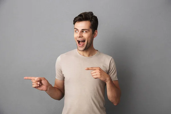 Image Optimistic Brunette Guy 30S Pointing Fingers Aside Copyspace Isolated — Stock Photo, Image