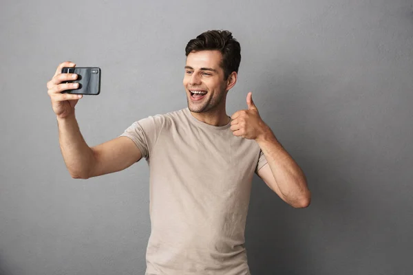 Portrait Confident Young Man Shirt Isolated Gray Backgound Taking Selfie — Stock Photo, Image