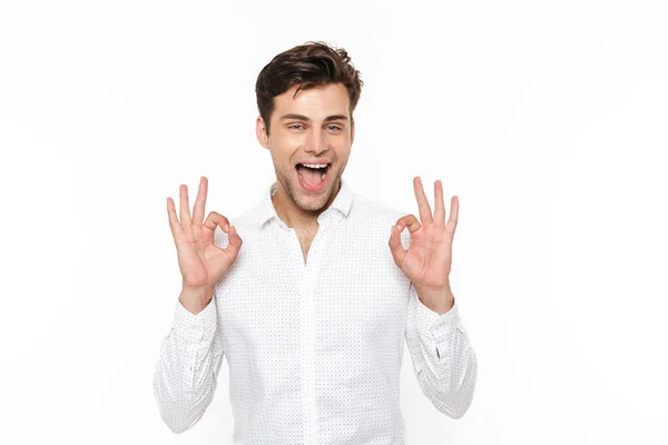 Portrait Cheerful Young Man Shirt Isolated White Backgound Showing Gesture — Stock Photo, Image